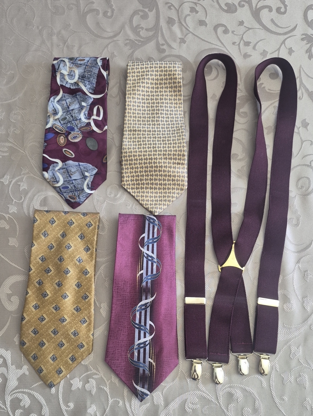 Burgandy Suspenders with Assorted Maroon and Gold Ties Set